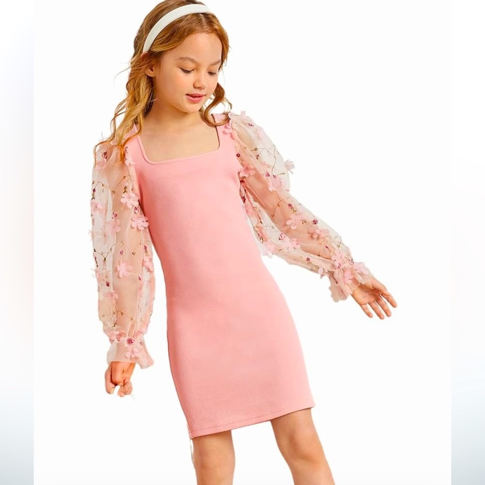 WDIRARA Girl’s Sheer Mesh Flounce Long Sleeve Appliqués Square Neck Dress